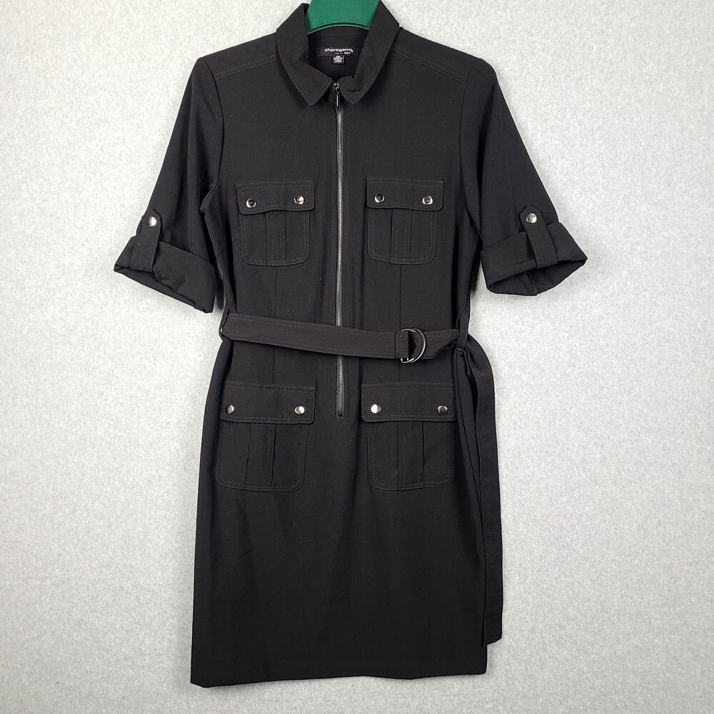 Sharagano Black Cargo Pocket Shirt Dress Belted Zip-up Knee‎ Length Women's 12 P